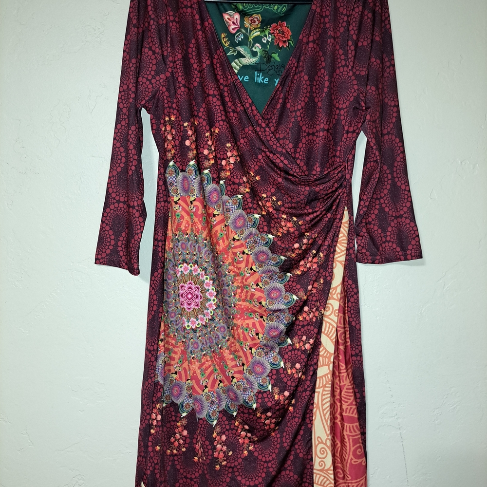 Desigual Sheath Dress Red and Blue V-neck 3/4 Sleeve